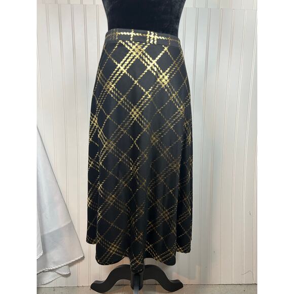Laura Scott Skirt Black Gold Metallic Checkered A Line Pleated NWOT Large - Picture 1 of 10